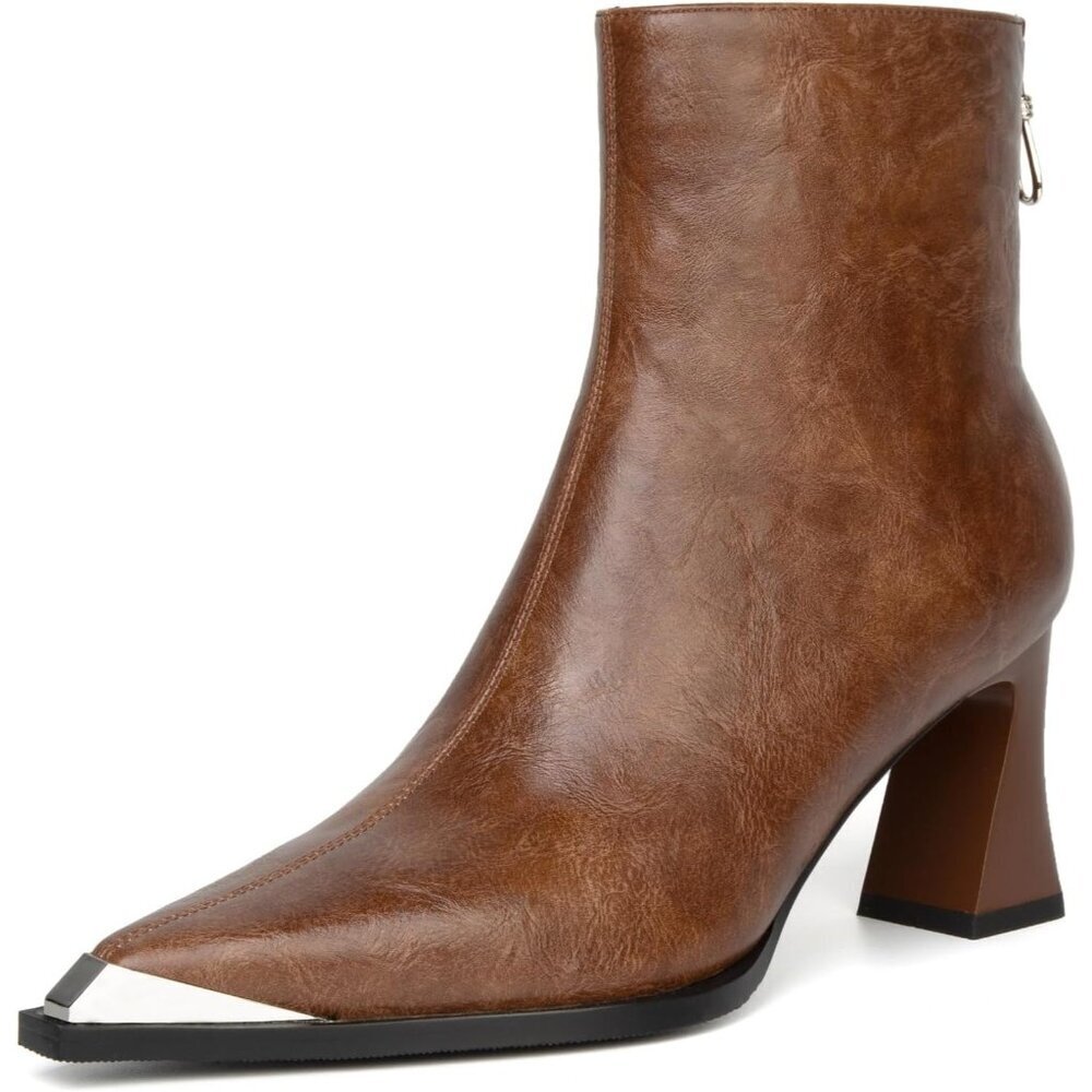Women's Brown Metal Toe Side Zipper Chunky Block Heels Comfortable Short Boots